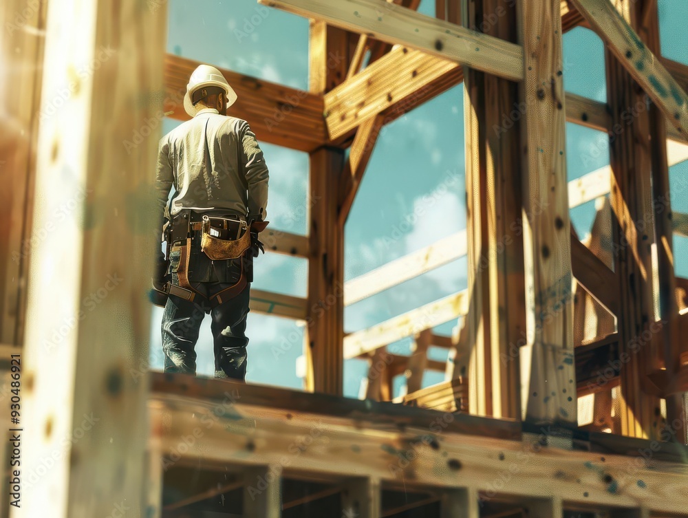 Construction worker on site, building wooden framework under clear sky. Industry, labor, and teamwork concept. Construction worker on site, building wooden framework under clear sky. Industry, labor, and teamwork concept.