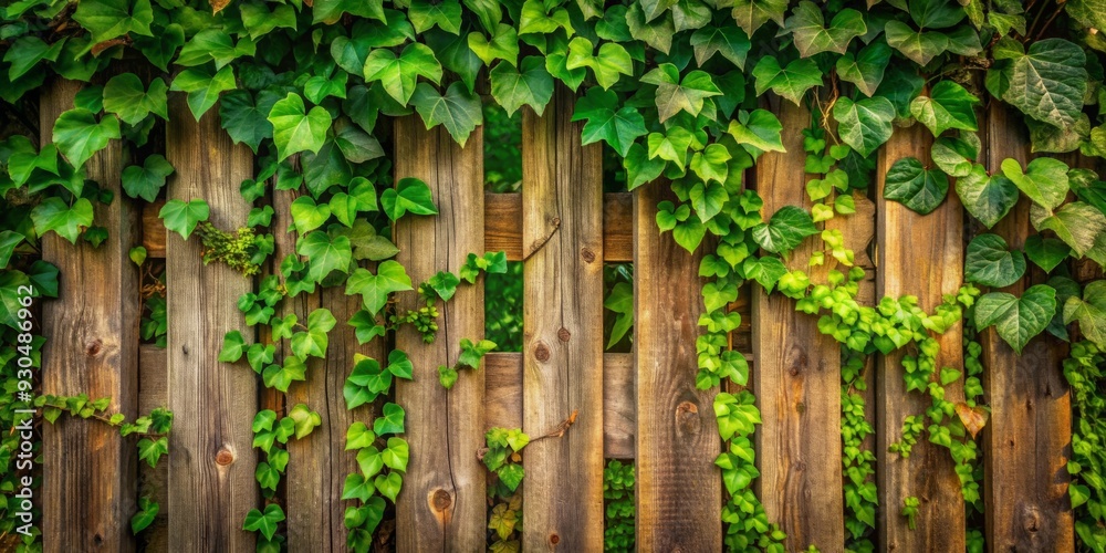 Rustic wooden fence completely covered in lush green ivy vines blending beautifully with nature outdoors Rustic wooden fence completely covered in lush green ivy vines blending beautifully with nature outdoors