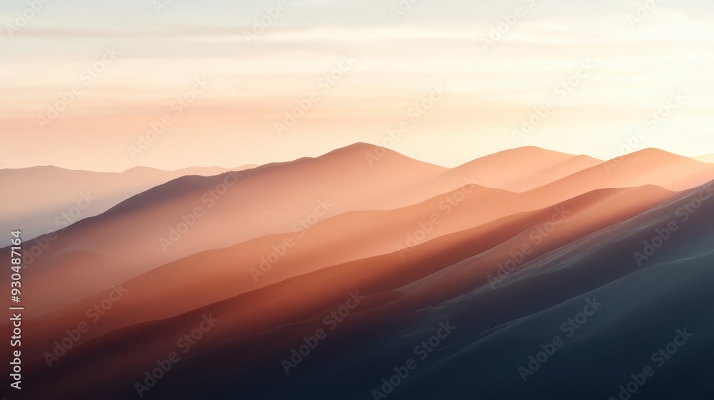 The photograph captures the golden hues of dawn light softly cascading over a series of mountain peaks, creating a warm and tranquil scene reminiscent of a dreamscape. The photograph captures the golden hues of dawn light softly cascading over a series of mountain peaks, creating a warm and tranquil scene reminiscent of a dreamscape.