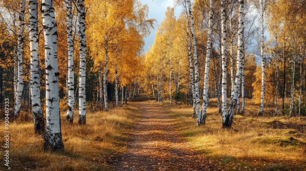 Obraz premium Autumn landscape with birch trees. Ai generation