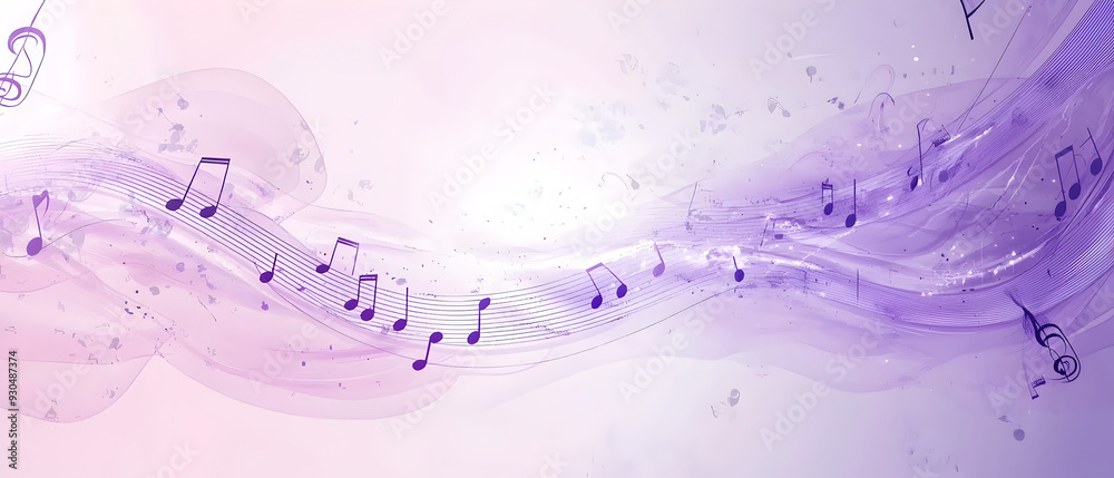 A vector illustration of a music notes banner, featuring a fresh purple color palette. The notes are stylized and float along curved lines that frame a central white space for text A vector illustration of a music notes banner, featuring a fresh purple color palette. The notes are stylized and float along curved lines that frame a central white space for text