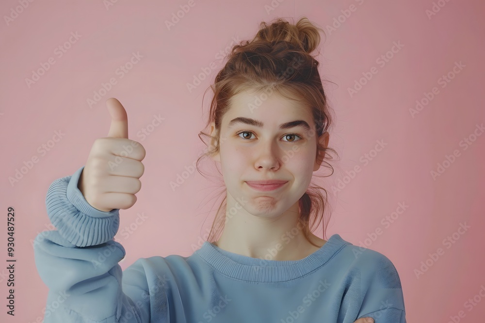 Young Woman Studio Portrait Thumbs Up Gesture Pink Background Young Woman Studio Portrait Thumbs Up Gesture Pink Background