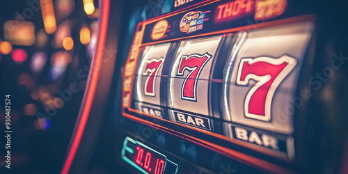 A close-up view of a slot machine displaying a winning combination of triple sevens, capturing the excitement and thrill of hitting the jackpot in a casino.