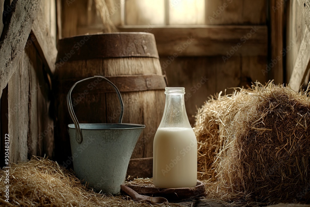 Fresh Farm Milk: Capture a rustic still-life of fresh milk in a glass bottle, surrounded by scenic farm elements like hay, barn wood, and a milk pail. Generative Ai Fresh Farm Milk: Capture a rustic still-life of fresh milk in a glass bottle, surrounded by scenic farm elements like hay, barn wood, and a milk pail. Generative Ai