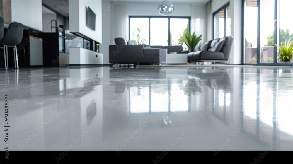 A close-up of a polished white cement floor, reflecting light in a modern living room A close-up of a polished white cement floor, reflecting light in a modern living room