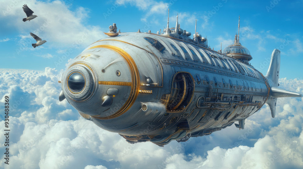 A large ship flying through the clouds with birds in flight, AI A large ship flying through the clouds with birds in flight, AI