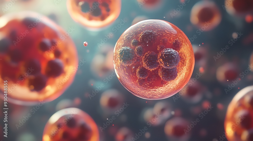 Naklejka premium Vibrant close-up of microscopic cells, showcasing intricate structures and diverse colors, symbolizing life and biological processes.