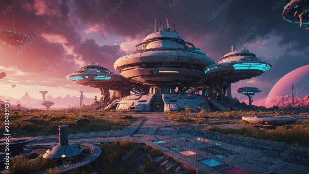 Game art abstract sci-fi buildings on an alien planet in panoramic view Game art abstract sci-fi buildings on an alien planet in panoramic view