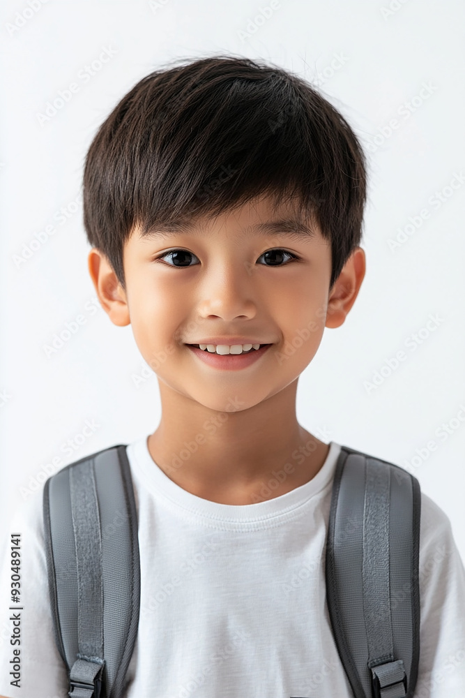 Asian teenage student carrying school bag on white background, student happy back to school