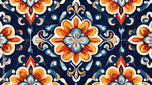 Italian ceramic tile pattern. Mediterranean porcelain pottery. Ethnic folk ornament. Mexican talavera portuguese azulejo spanish majolica arabesque motif. Vector illustration