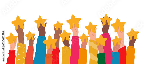 Hands raised up hold stars. Customer satisfaction concept. Best star rating, customer reviews, high quality product or high quality service, excellent. Vector illustration.