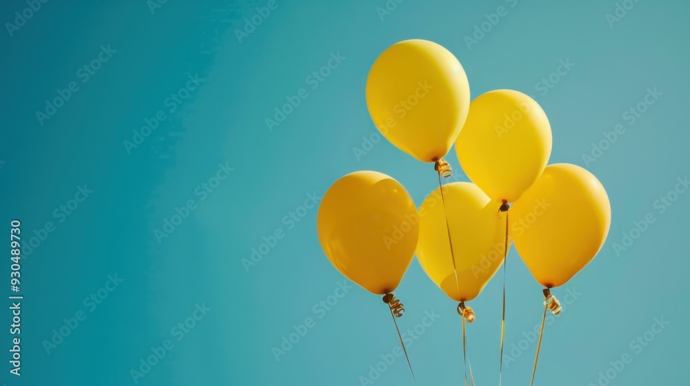 A cluster of bright yellow balloons floating against a clear blue sky, symbolizing celebration A cluster of bright yellow balloons floating against a clear blue sky, symbolizing celebration