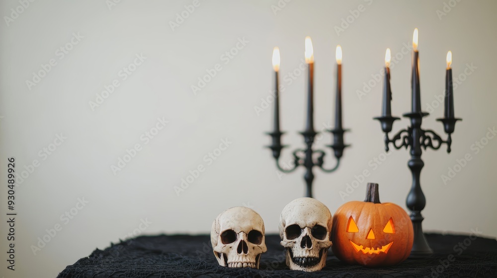 A haunting Halloween home decor setup featuring Gothic-inspired candelabras, black lace tablecloths, and eerie skulls, creating a dark and spooky ambiance A haunting Halloween home decor setup featuring Gothic-inspired candelabras, black lace tablecloths, and eerie skulls, creating a dark and spooky ambiance