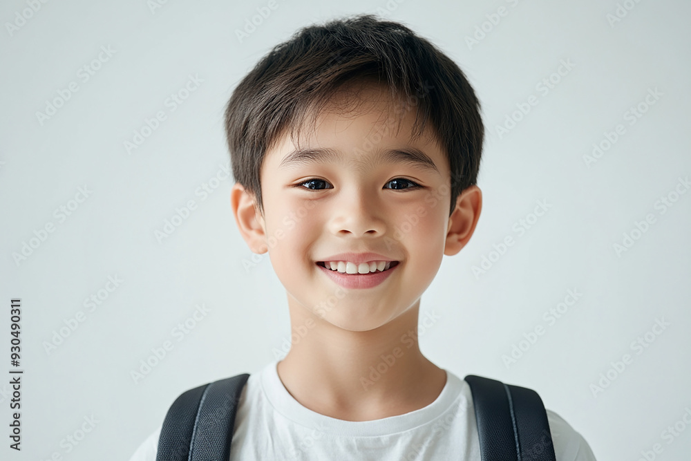 Asian teenage student carrying school bag on white background, student happy back to school