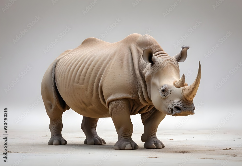 Fototapeta premium A large white rhinoceros standing on a plain, with a horn protruding from its snout