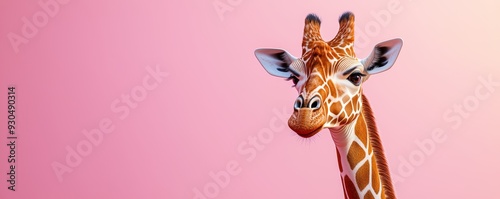 Detailed 3D giraffe with its head held high, accompanied by a subtle pastel background on the right, representing its impressive height and elegance in a zoo setting