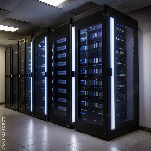 Rows of glowing server racks in a data center hallway