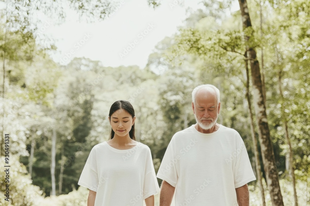 Forest Bathing Tranquil Daytime Walk of Young Asian Woman and Elderly White Man in Lush Forest Forest Bathing Tranquil Daytime Walk of Young Asian Woman and Elderly White Man in Lush Forest