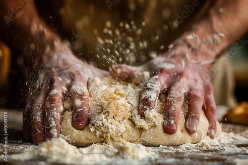 A man is kneading dough on a table