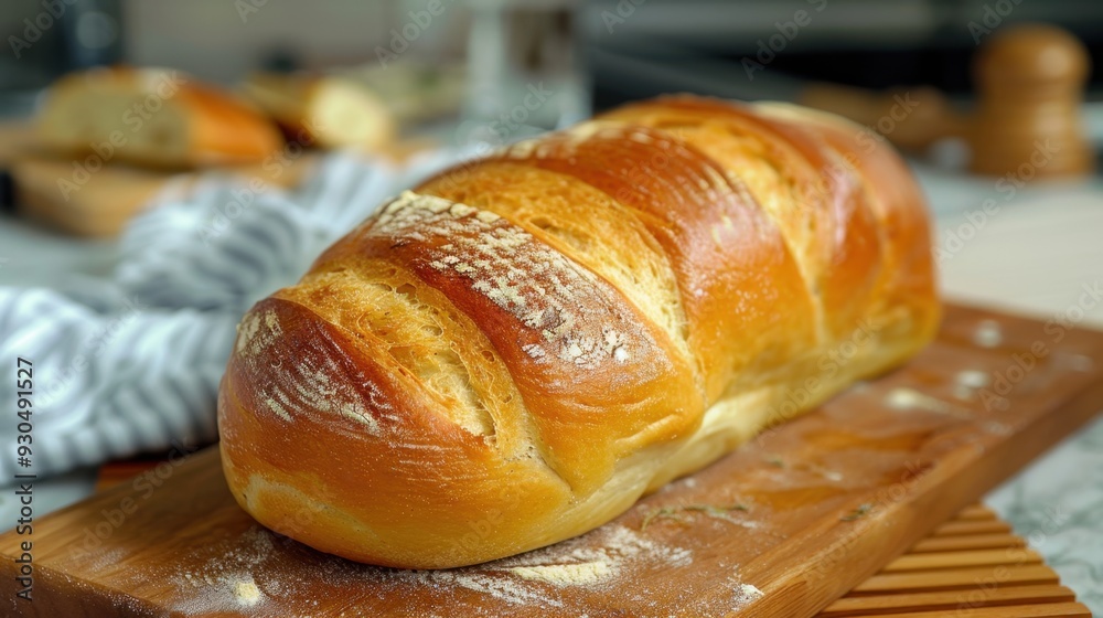A freshly baked loaf of bread with a golden yellow crust cooling on a wooden board A freshly baked loaf of bread with a golden yellow crust cooling on a wooden board