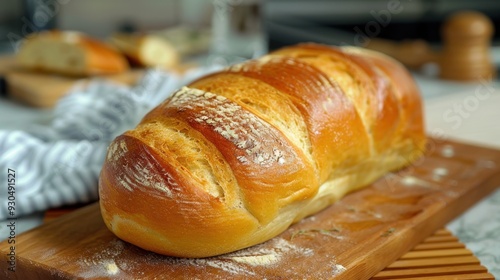 A freshly baked loaf of bread with a golden yellow crust cooling on a wooden board