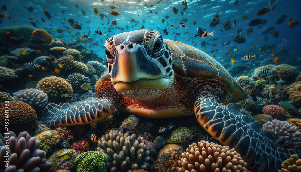 realistic portrait of a Turtle swimming on a Coral Reef. Generative AI. realistic portrait of a Turtle swimming on a Coral Reef. Generative AI.