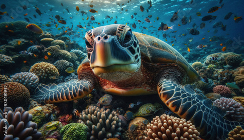 realistic portrait of a Turtle swimming on a Coral Reef. Generative AI.