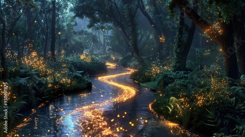 A glowing river winding through a dark forest, lighting up the surrounding trees and plants