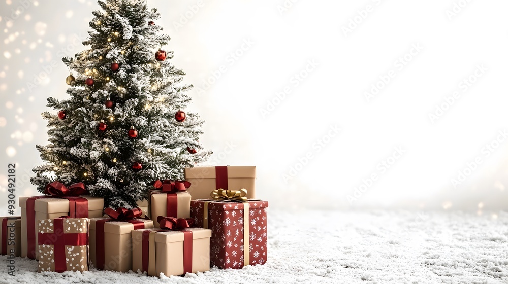 Elegant Christmas tree with wrapped gifts underneath, set against a clean white background, ideal for seasonal greeting designs. Elegant Christmas tree with wrapped gifts underneath, set against a clean white background, ideal for seasonal greeting designs.