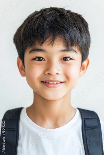 Asian teenage student carrying school bag on white background, student happy back to school