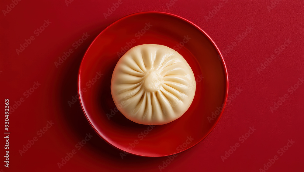 Steamed pork bao dumplings served on a red plate, isolated against a red background. Chinese new year concept Steamed pork bao dumplings served on a red plate, isolated against a red background. Chinese new year concept