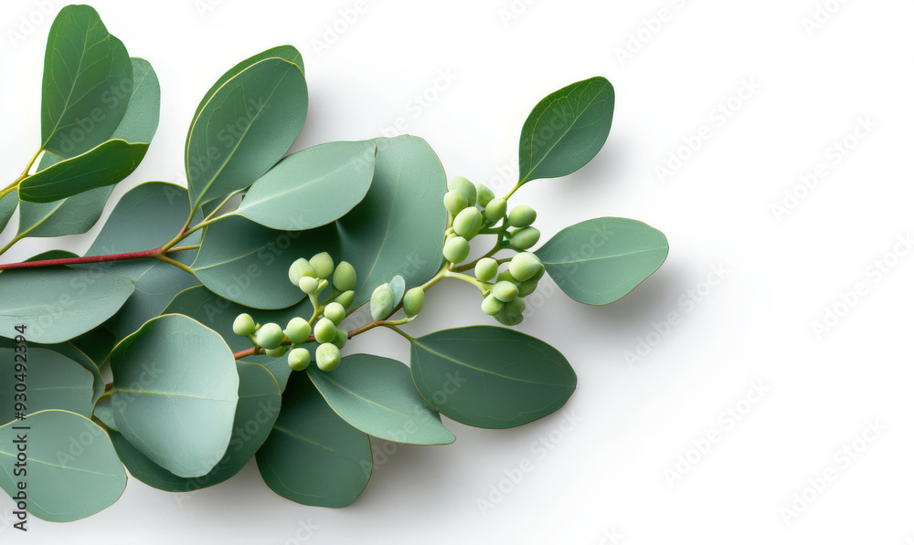 Obraz premium A close-up view of lush green leaves and delicate buds on a white background, perfect for nature-themed projects.