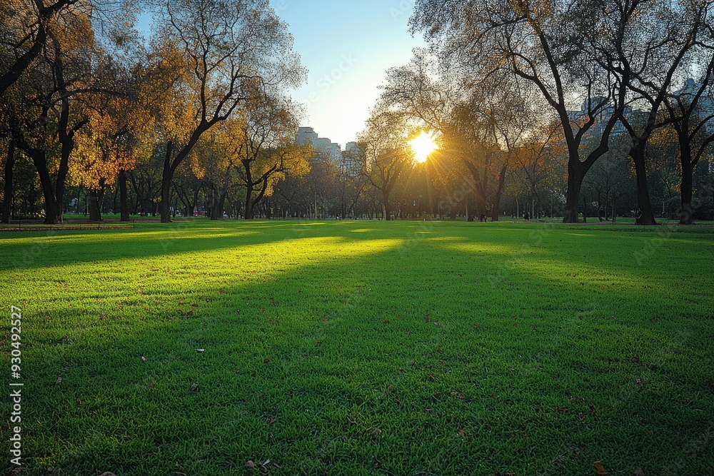 Obraz premium Sunset Through Trees in a Green Park
