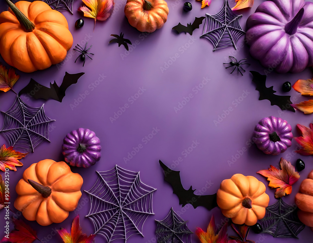 halloween background pumpkins bats spiders autumn leaves purple hues space text halloween background pumpkins bats spiders autumn leaves purple hues space text