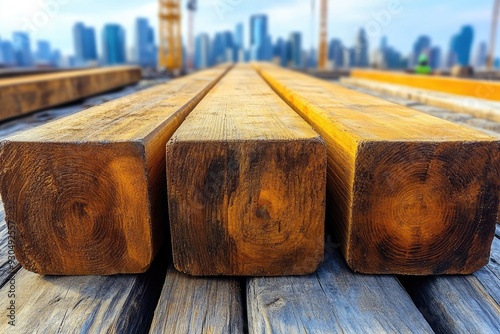 Three Sawn Wooden Beams in a Construction Site photo