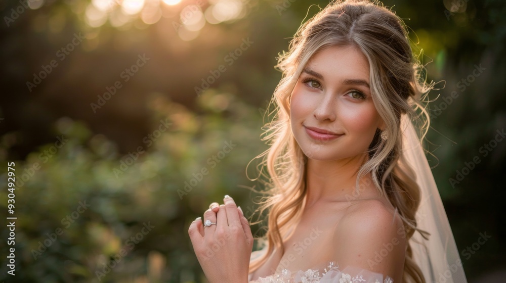 The bride smiles softly, her blush pink gown glowing in the warm light of the setting sun amidst a lush green backdrop The bride smiles softly, her blush pink gown glowing in the warm light of the setting sun amidst a lush green backdrop