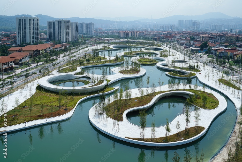 Urban Landscape with Winding Water Features and Concrete Pathways Urban Landscape with Winding Water Features and Concrete Pathways