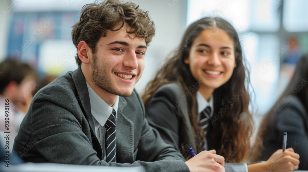 Teen boy and girl in school uniforms smile at the camera in a classroom ...