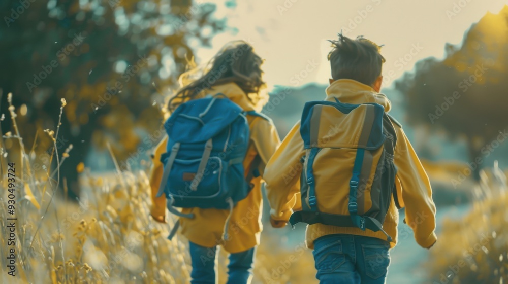 A boy and girl with backpacks walking hand in hand through the countryside, back view, cinematic shot, yellow, blue backpacks, sunlight, movie-style, realistic