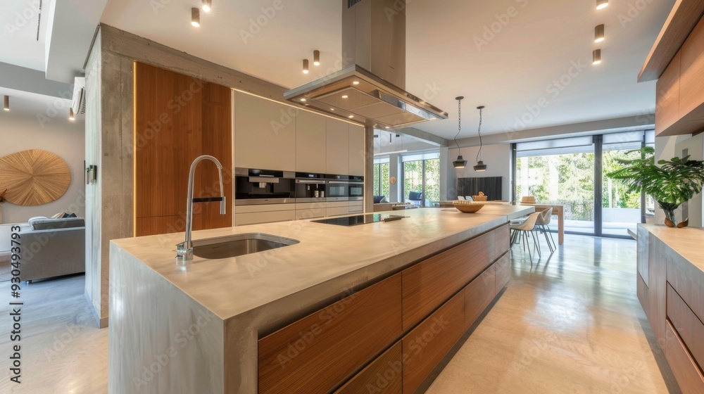 A modern kitchen with a countertop made of polished white cement, giving a sleek look A modern kitchen with a countertop made of polished white cement, giving a sleek look