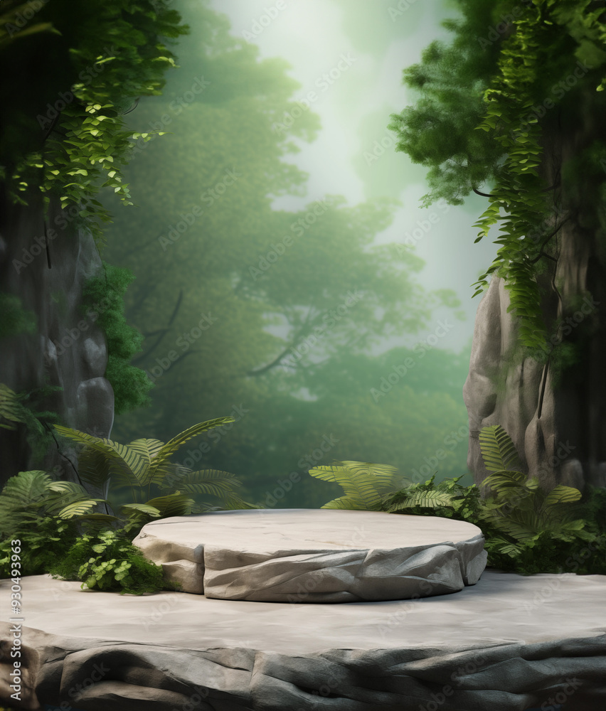 Product display podium surrounded by lush green forests