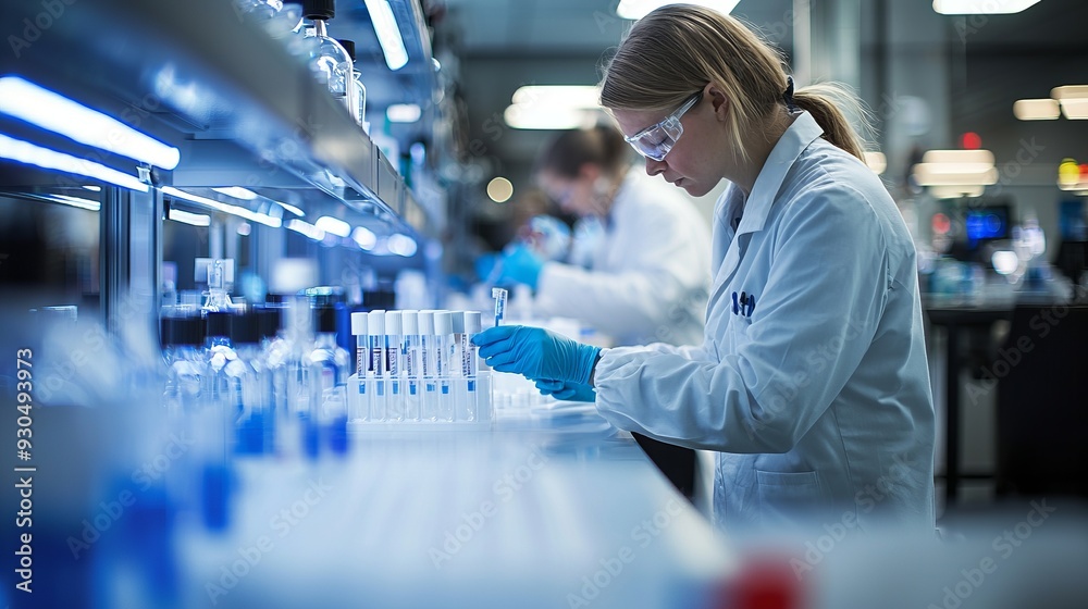 A focused researcher performing experiments in a modern laboratory with glassware and advanced equipment. A focused researcher performing experiments in a modern laboratory with glassware and advanced equipment.