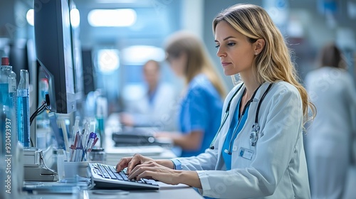 A focused doctor typing on a computer in a modern hospital setting, surrounded by medical professionals and equipment.