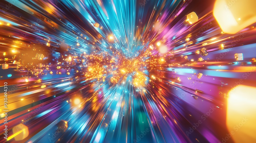 Obraz premium Futuristic Virtual Reality Landscape with Rotating Prisms and Shimmering Energy Streams in Cyan, Gold, and Blue Colors