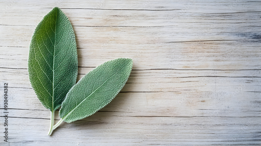 Two Fresh Sage Leaves on Rustic Wooden Background - Perfect for Culinary and Herbal Uses Two Fresh Sage Leaves on Rustic Wooden Background - Perfect for Culinary and Herbal Uses