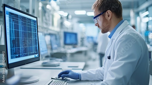 A scientist analyzes data on a computer in a modern laboratory environment, embodying precision and innovation in research.
