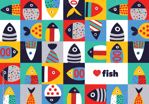 Interior poster with cute decorative fish.Vector illustration.