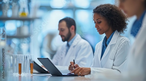 A scientist working diligently in a lab, using a laptop for research, showcasing collaboration and innovation in science.