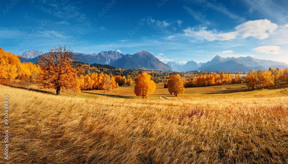 Obraz premium Panorama landscapes of Countryside in autumn,Panoramic of mid autumn with farm field, mountains, wild grass and leaves falling from trees in yellow foliage. Wonderland landscape in fall season