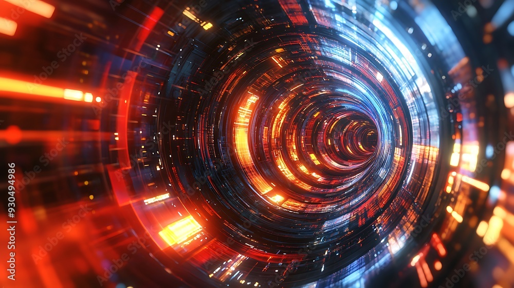 Obraz premium Futuristic Space Station with Vibrant Holographic Interfaces and Energy Fields in Red, Gold, and Blue | 3D Render Sci-Fi Concept